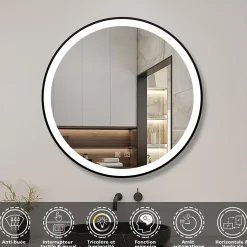 AICA Sanitaire Miroir de salle de bain LED rond 60 cm avec cadre noir, tricolore + anti-buée + mémoire + gradation infinie,