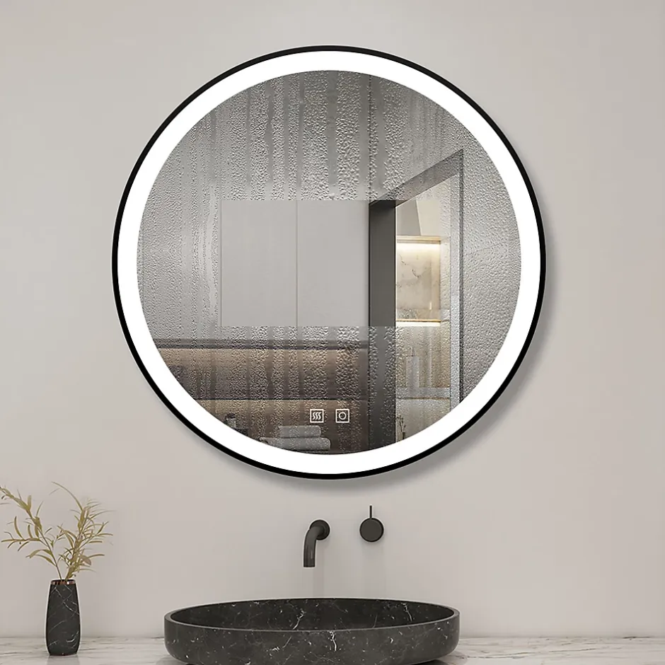 AICA Sanitaire Miroir de salle de bain LED rond 60 cm avec cadre noir, tricolore + anti-buée + mémoire + gradation infinie,