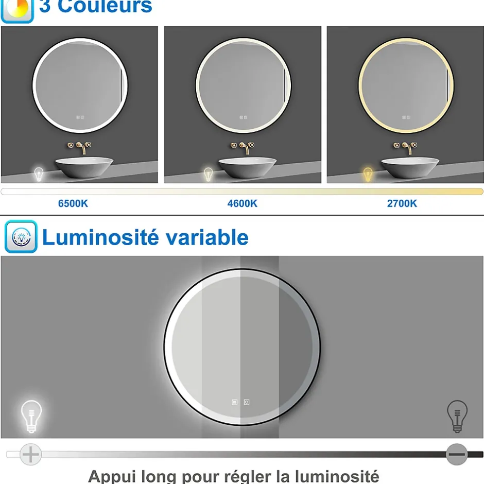 AICA Sanitaire Miroir de salle de bain LED rond 60 cm avec cadre noir, tricolore + anti-buée + mémoire + gradation infinie,