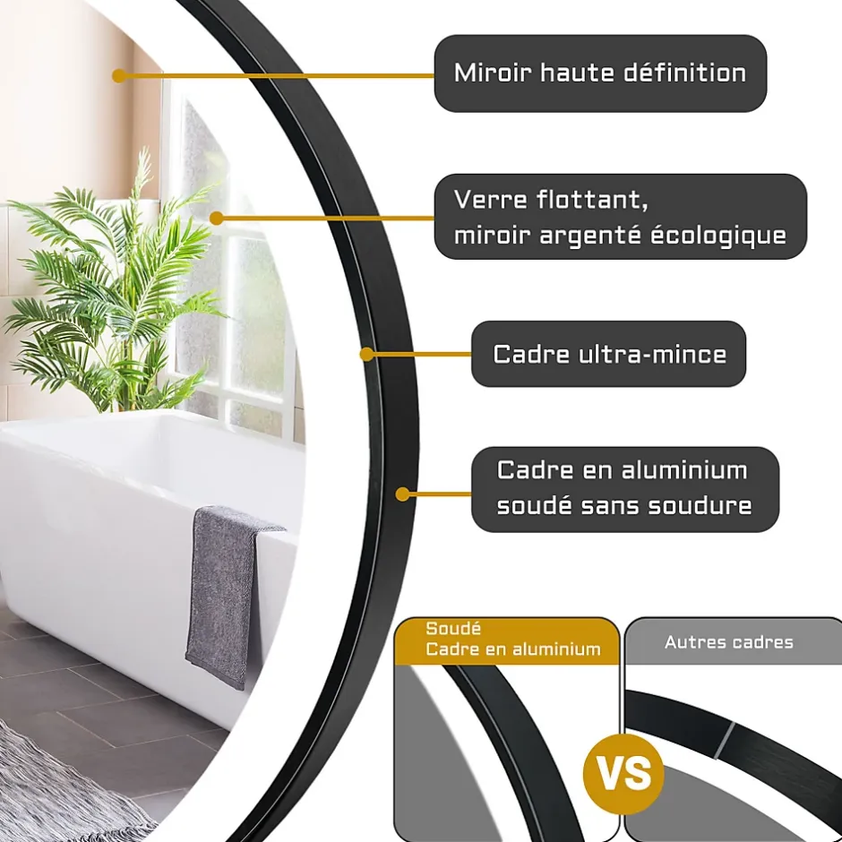 AICA Sanitaire Miroir de salle de bain LED rond 60 cm avec cadre noir, tricolore + anti-buée + mémoire + gradation infinie,