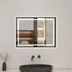 AICA Sanitaire Miroir de Salle de Bain LED Intelligent 100x80 cm - Anti-Buée, Bluetooth, Horloge, Variateur de Lumière 3C