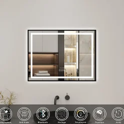 AICA Sanitaire Miroir de Salle de Bain LED Intelligent 100x80 cm - Anti-Buée, Bluetooth, Horloge, Variateur de Lumière 3C