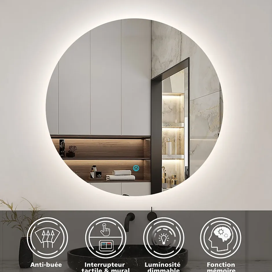 AICA Sanitaire Miroir de salle de bain LED rond 90 cm avec rétro-éclairage sans cadre, anti-buée + mémoire + dimmable,* Miroir Lumineux