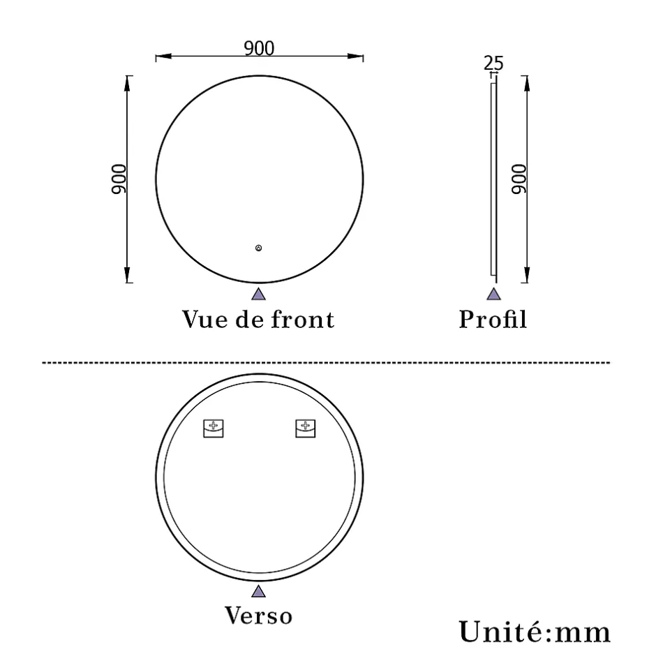 AICA Sanitaire Miroir de salle de bain LED rond 90 cm avec rétro-éclairage sans cadre, anti-buée + mémoire + dimmable,* Miroir Lumineux