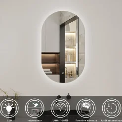 AICA Sanitaire Miroir de salle de bain ovale 50x90cm, mémoire + dimmable, IP44, 6000K blanc froid,