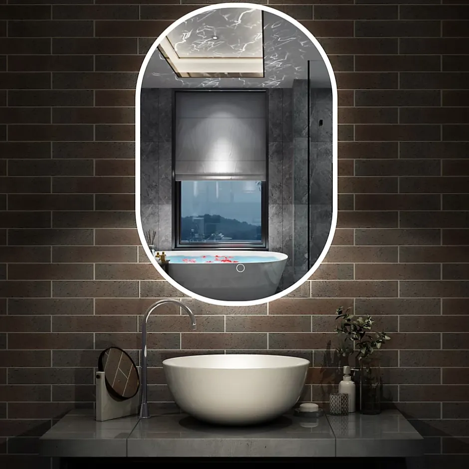 AICA Sanitaire Miroir de salle de bain ovale 60x100cm, mémoire + dimmable + anti-buée, IP44, 6000K blanc froid,
