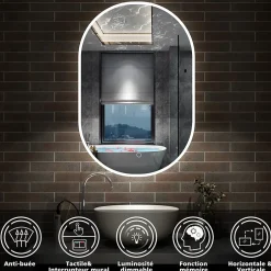 AICA Sanitaire Miroir de salle de bain ovale 60x100cm, mémoire + dimmable + anti-buée, IP44, 6000K blanc froid,