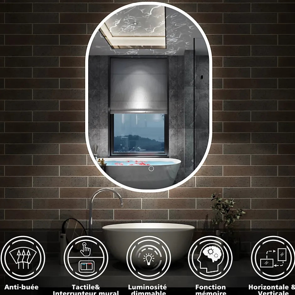 AICA Sanitaire Miroir de salle de bain ovale 60x100cm, mémoire + dimmable + anti-buée, IP44, 6000K blanc froid,