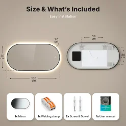Mirlux Miroir de salle de bain ovale chauffant et éclairé par LED 100x50cm avec cadre noir