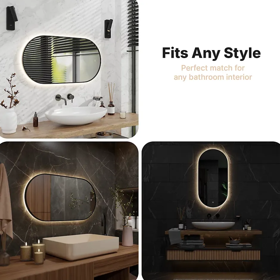 Mirlux Miroir de salle de bain ovale chauffant et éclairé par LED 100x50cm avec cadre noir