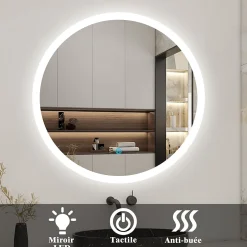AICA Sanitaire Miroir de salle de bain rond led 60 cm, anti buée Lumière blanche froid 6000K tactile mural,* Miroir Lumineux