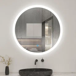 AICA Sanitaire Miroir de salle de bain rond led 60 cm, anti buée Lumière blanche froid 6000K tactile mural,* Miroir Lumineux