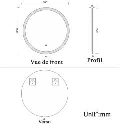 AICA Sanitaire Miroir de salle de bain rond led 60 cm, anti buée Lumière blanche froid 6000K tactile mural,* Miroir Lumineux
