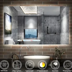 AICA Sanitaire Miroir de salle de bain rétro-éclairé sans cadre 100x60cm, Tricolore + Anti-buée + Mémoire + Dimmable,