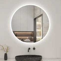 AICA Sanitaire Miroir de salle de bain rond 60x60cm avec Horloge, LED, Tricolore, Anti-Buée,