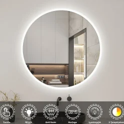 AICA Sanitaire Miroir de salle de bain rond 60x60cm avec Horloge, LED, Tricolore, Anti-Buée,