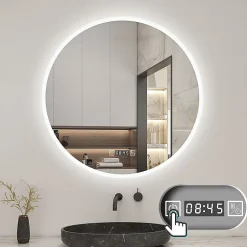 AICA Sanitaire Miroir de salle de bain rond 60x60cm avec Horloge, LED, Tricolore, Anti-Buée,