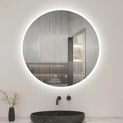 AICA Sanitaire Miroir de salle de bain rond 60x60cm avec Horloge, LED, Tricolore, Anti-Buée,
