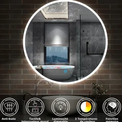 AICA Sanitaire Miroir de salle de bain rond 120x120cm LED tricolore anti-buée + mémoire + dimmable,* Miroir Lumineux