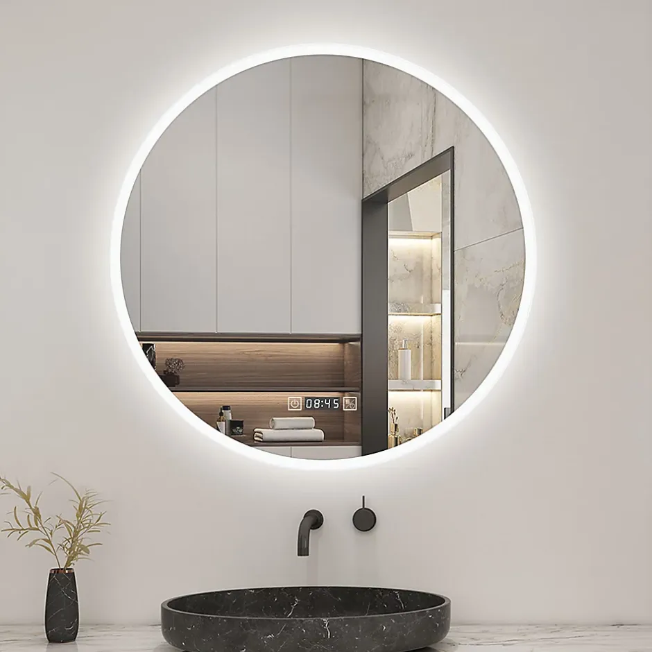 AICA Sanitaire Miroir de salle de bain rond 70x70cm avec Horloge, LED, Tricolore, Anti-Buée,