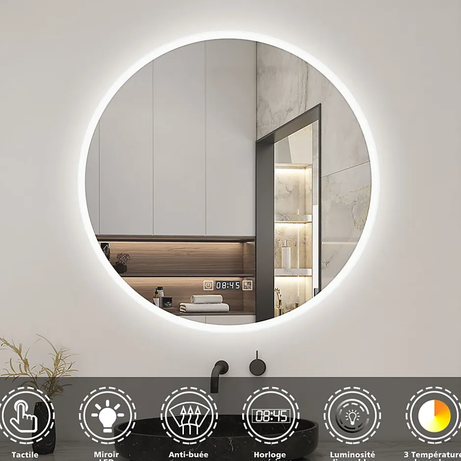AICA Sanitaire Miroir de salle de bain rond 70x70cm avec Horloge, LED, Tricolore, Anti-Buée,