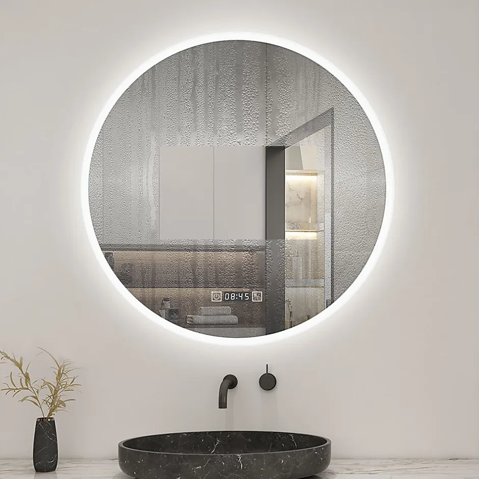 AICA Sanitaire Miroir de salle de bain rond 70x70cm avec Horloge, LED, Tricolore, Anti-Buée,