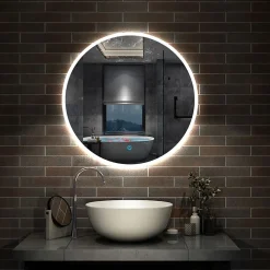 AICA Sanitaire Miroir de salle de bain rond LED 60cm, dimmable + mémoire, IP44,* Miroir Lumineux