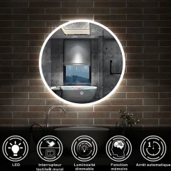 AICA Sanitaire Miroir de salle de bain rond LED 60cm, dimmable + mémoire, IP44,* Miroir Lumineux