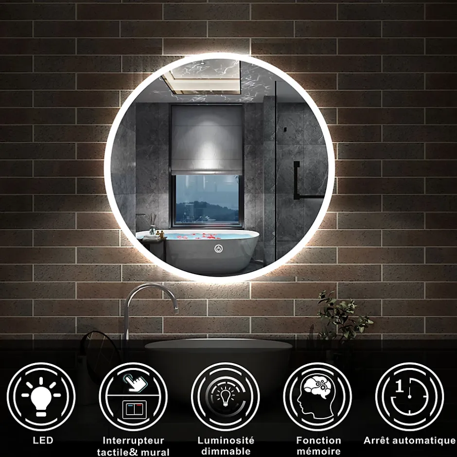 AICA Sanitaire Miroir de salle de bain rond LED 60cm, dimmable + mémoire, IP44,* Miroir Lumineux