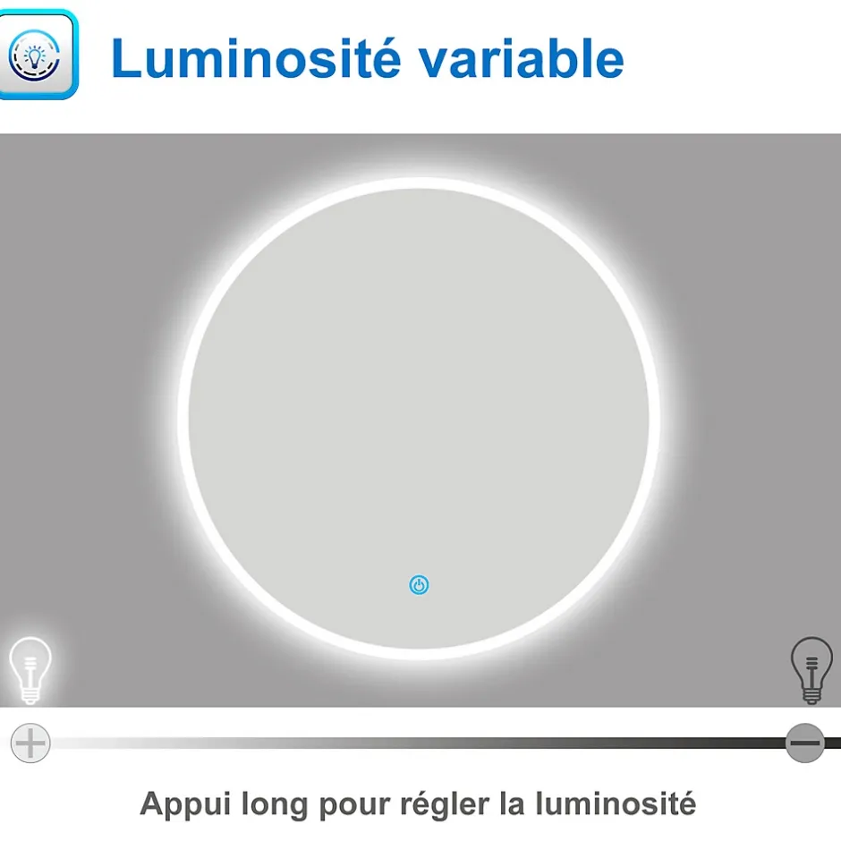 AICA Sanitaire Miroir de salle de bain rond LED 60cm, dimmable + mémoire, IP44,* Miroir Lumineux