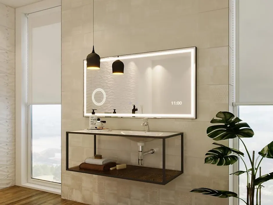 Vente-unique Miroir de salle de bain rectangulaire lumineux avec horloge digitale - Noir - 120 x 60 cm - AITANA* Miroir Simple