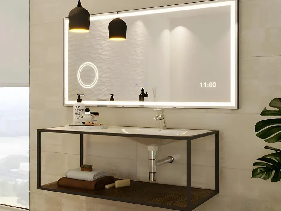 Vente-unique Miroir de salle de bain rectangulaire lumineux avec horloge digitale - Noir - 120 x 60 cm - AITANA* Miroir Simple