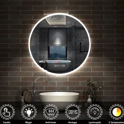 AICA Sanitaire Miroir de salle de bain rond 70x70cm avec Horloge, LED, Tricolore, Anti-Buée,