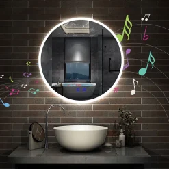 AICA Sanitaire Miroir de salle de bain rond Bluetooth 60cm tricolore + dimmable + mémoire + anti-buée, IP44 Miroir LED,* Miroir Lumineux