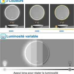 AICA Sanitaire Miroir de salle de bain rond Bluetooth 60cm tricolore + dimmable + mémoire + anti-buée, IP44 Miroir LED,* Miroir Lumineux