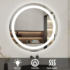 AICA Sanitaire Miroir de salle de bain rond led 60 cm, anti buée Lumière blanche froid 6000K tactile mural,