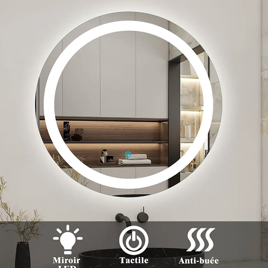 AICA Sanitaire Miroir de salle de bain rond led 60 cm, anti buée Lumière blanche froid 6000K tactile mural,