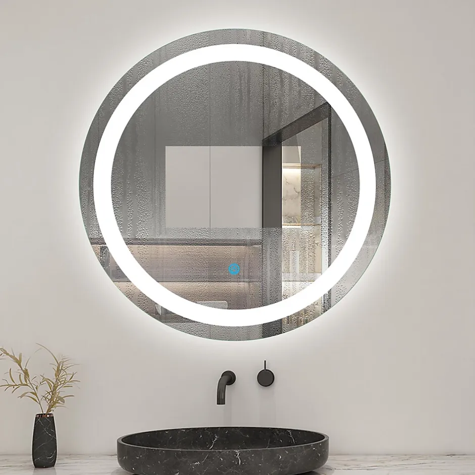 AICA Sanitaire Miroir de salle de bain rond led 60 cm, anti buée Lumière blanche froid 6000K tactile mural,