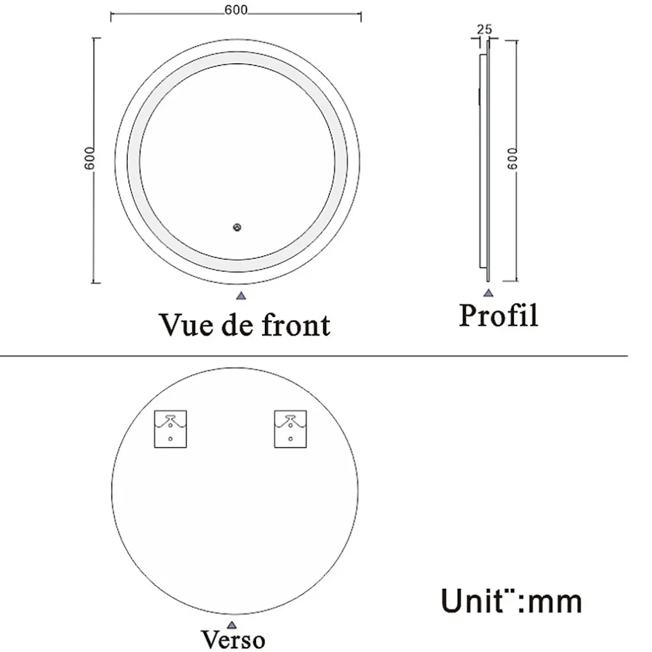 AICA Sanitaire Miroir de salle de bain rond led 60 cm, anti buée Lumière blanche froid 6000K tactile mural,