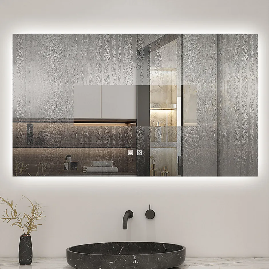 AICA Sanitaire Miroir de salle de bain rétro-éclairé sans cadre 90x70cm, Tricolore + Anti-buée + Mémoire + Dimmable,