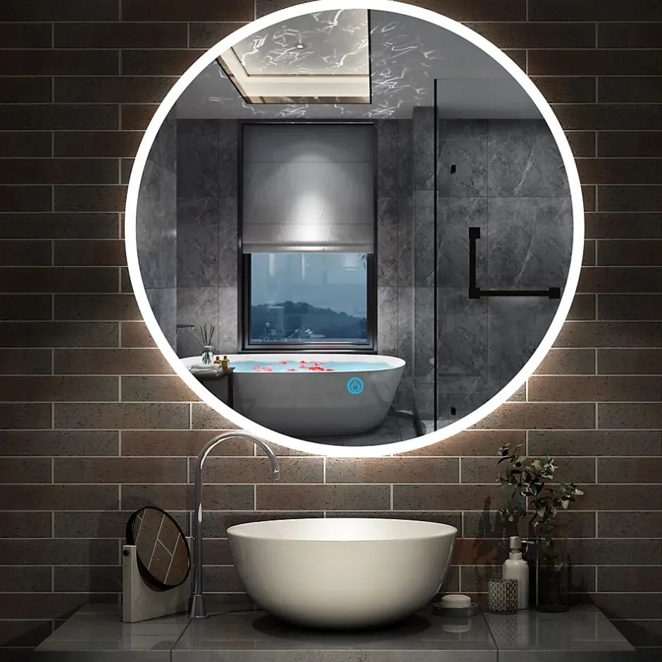 AICA Sanitaire Miroir de salle de bain rond 100x100cm LED tricolore anti-buée + mémoire + dimmable,* Miroir Lumineux