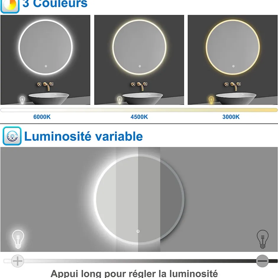 AICA Sanitaire Miroir de salle de bain rond 100x100cm LED tricolore anti-buée + mémoire + dimmable,* Miroir Lumineux