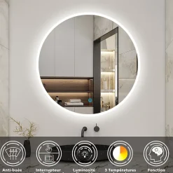 AICA Sanitaire Miroir de salle de bain rond 60x60cm LED tricolore anti-buée + mémoire + dimmable,* Miroir Lumineux