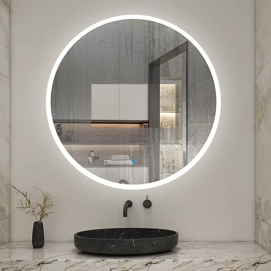 AICA Sanitaire Miroir de salle de bain rond 60x60cm LED tricolore anti-buée + mémoire + dimmable,* Miroir Lumineux