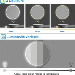 AICA Sanitaire Miroir de salle de bain rond 60x60cm LED tricolore anti-buée + mémoire + dimmable,* Miroir Lumineux