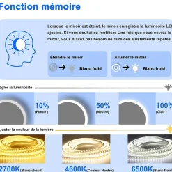 AICA Sanitaire Miroir de salle de bain rond 60x60cm LED tricolore anti-buée + mémoire + dimmable,* Miroir Lumineux