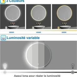 AICA Sanitaire Miroir de salle de bain rond 80x80cm LED tricolore anti-buée + mémoire + dimmable,* Miroir Lumineux