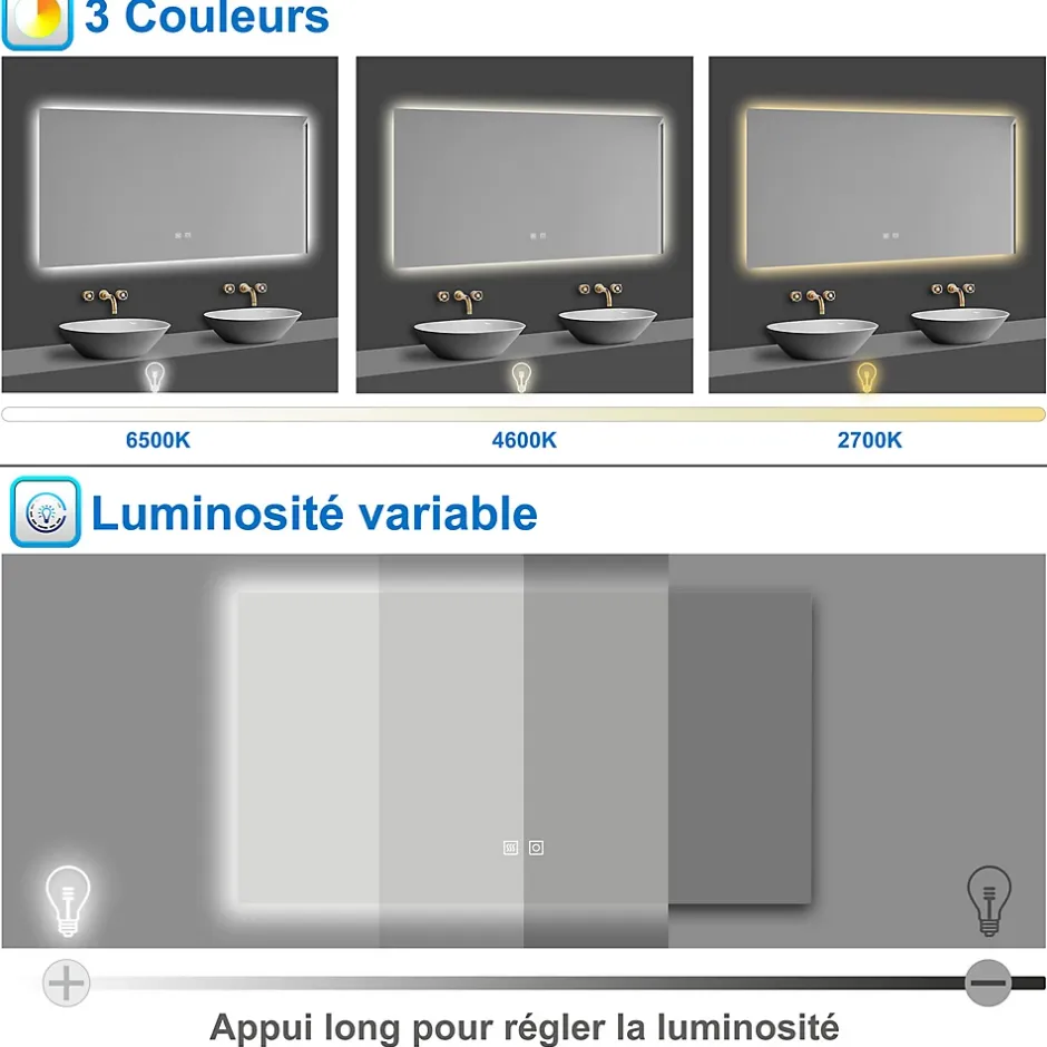 AICA Sanitaire Miroir de salle de bain rétro-éclairé sans cadre 80x60cm, Tricolore + Anti-buée + Mémoire + Dimmable,* Miroir Lumineux