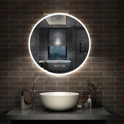 AICA Sanitaire Miroir de salle de bain rond 60x60cm avec Horloge, LED, Tricolore, Anti-Buée,* Miroir Lumineux