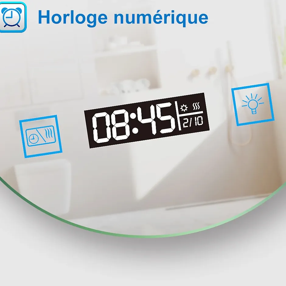AICA Sanitaire Miroir de salle de bain rond 60x60cm avec Horloge, LED, Tricolore, Anti-Buée,* Miroir Lumineux